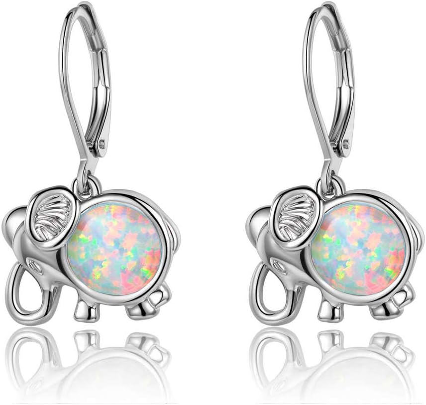 Larimar/Created Opal Gemstone Elephant Leverback Earrings for Women Hypoallergenic Jewelry Dangle Earings