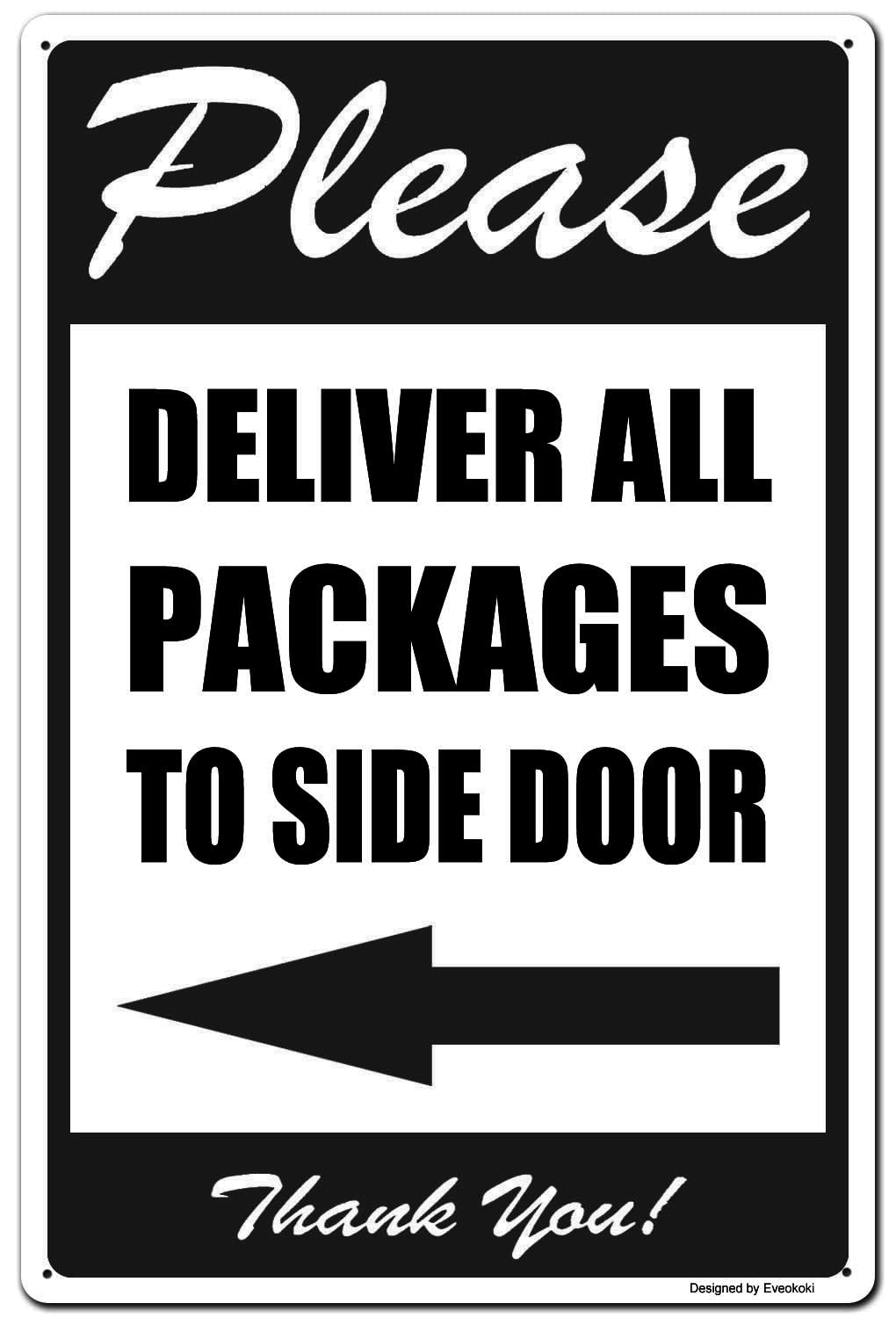 2 Pack Please Deliver All Packages to Side Door Left Arrow Thank You Signs, 8x 12 Inches Please Delivery Sign Aluminum Metal Sign