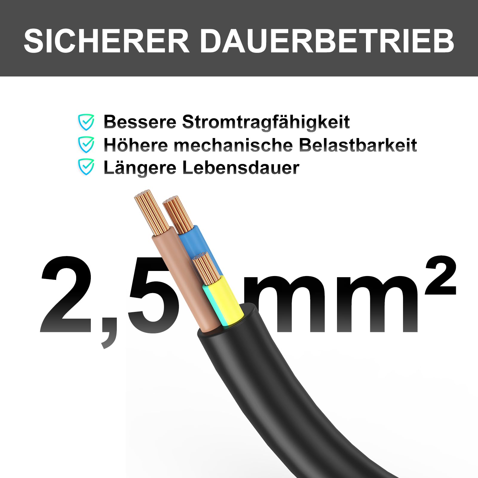 XUANSHI Cable alargador exterior de 10 m con tapa protectora H07RN-F 3G 2,5 mm² de goma, cable de extensión para exteriores, cable de alimentación exterior con enchufe Schuko, 3500 W, 16 A 250 V
