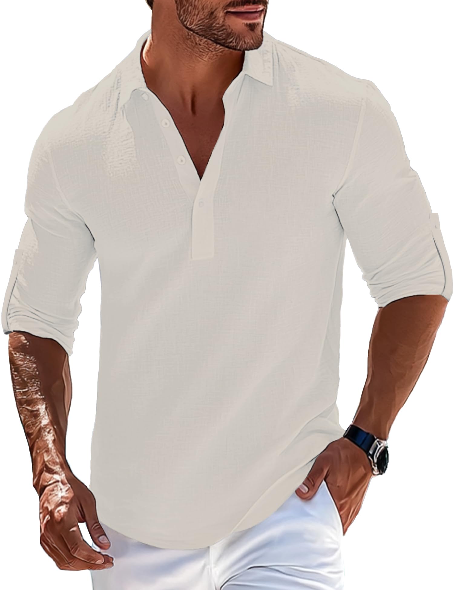Mens Polo Linen Shirts Long Sleeve Casual Summer Beach Shirts