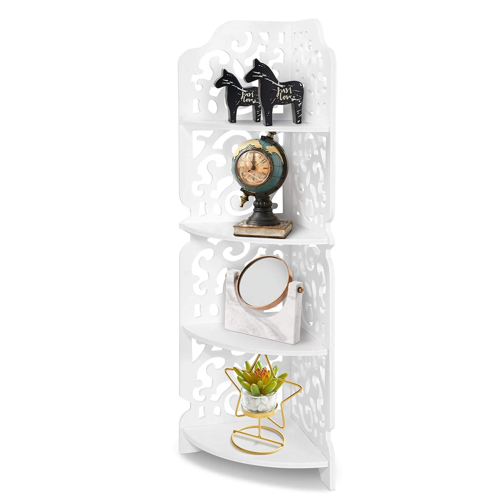 Ejoyous 4 Ebenen Eckregal Weiß, Holzregal Standregale Bücherregal Geschnitzte Wandregal Stehregal Lagerregal Eckstand für Büro Wohnzimmer Küche Badezimmer 84,5x18x 22cm
