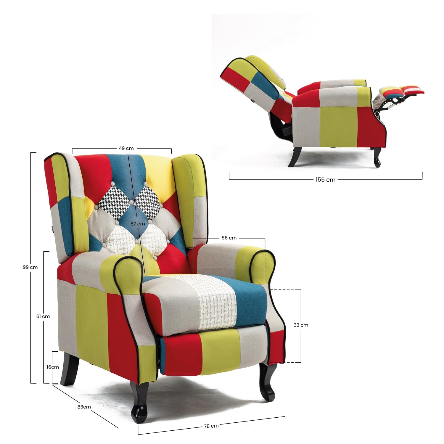 Brigros WeHome - Poltrona Relax Reclinabile Con Seduta Ergonomica In Tessuto, Poltrona Letto, Schienale Regolabile, Poltrona Reclinabile Per Arredo Salotto, Soggiorno e Ufficio (Patchwork, Patchwork)