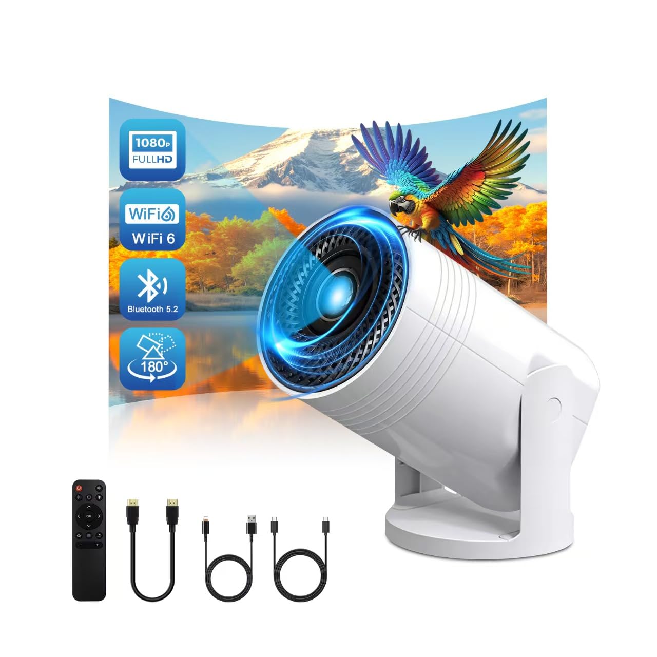 Wireless Mini Projector with WIFI 6 and Bluetooth, 4K 1080P Support Portable Projector 180° Rotatable. 17"-130" Screen Video Projector. Compatible for Smartphone, Laptop, PC(Q6 mate) - 1