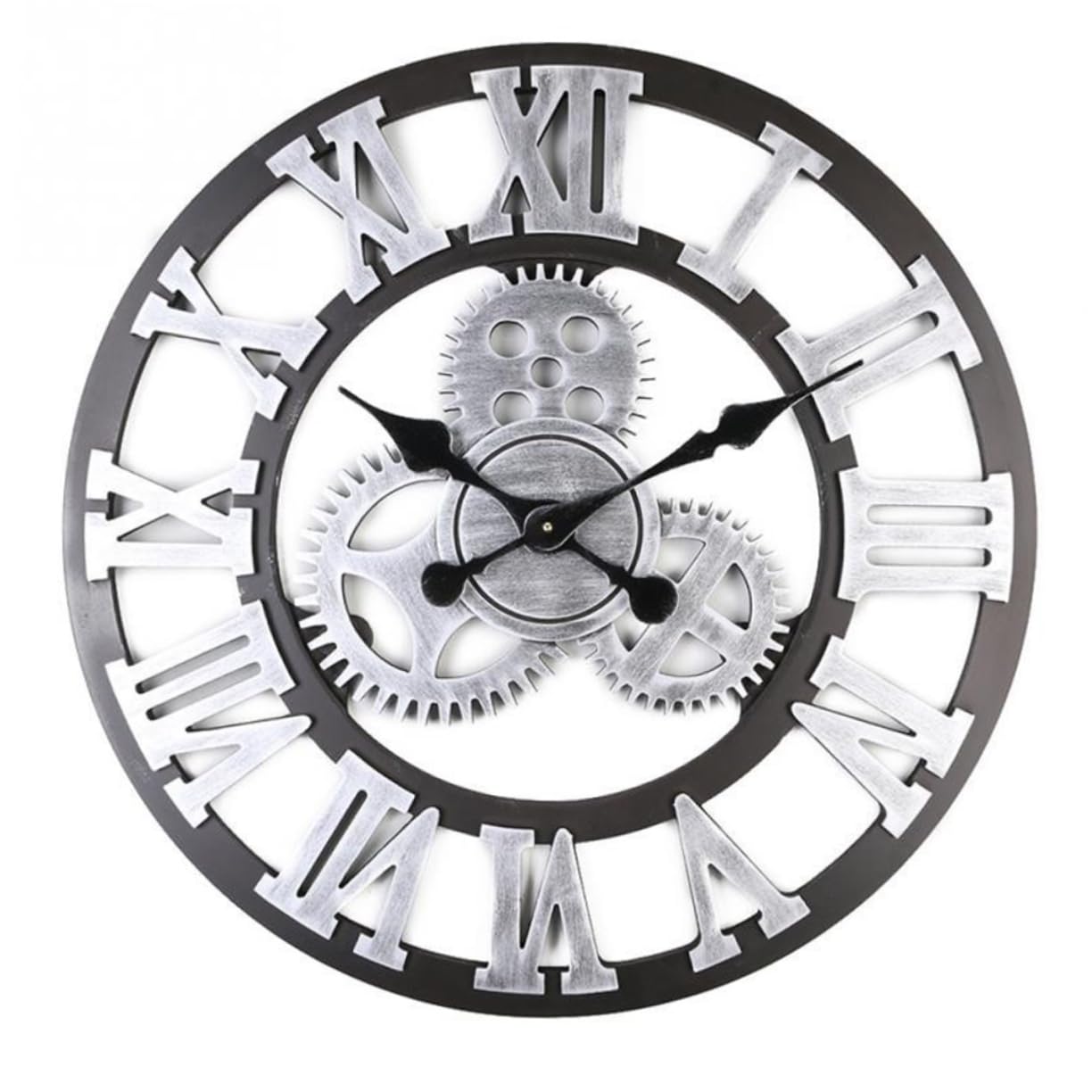 Horloge murale romaine argentée Ciieeo, objet d'art vintage aux roues dentées