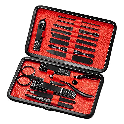 AOGVNA Manicure Pedicure Set Professional Stainless Steel Nail Clipper Travel/Grooming Kit Nail Tools Manicure/Pedicure Set of 15pcs with Leather Travel Case for Hand Foot Facial Care(Black/Red)