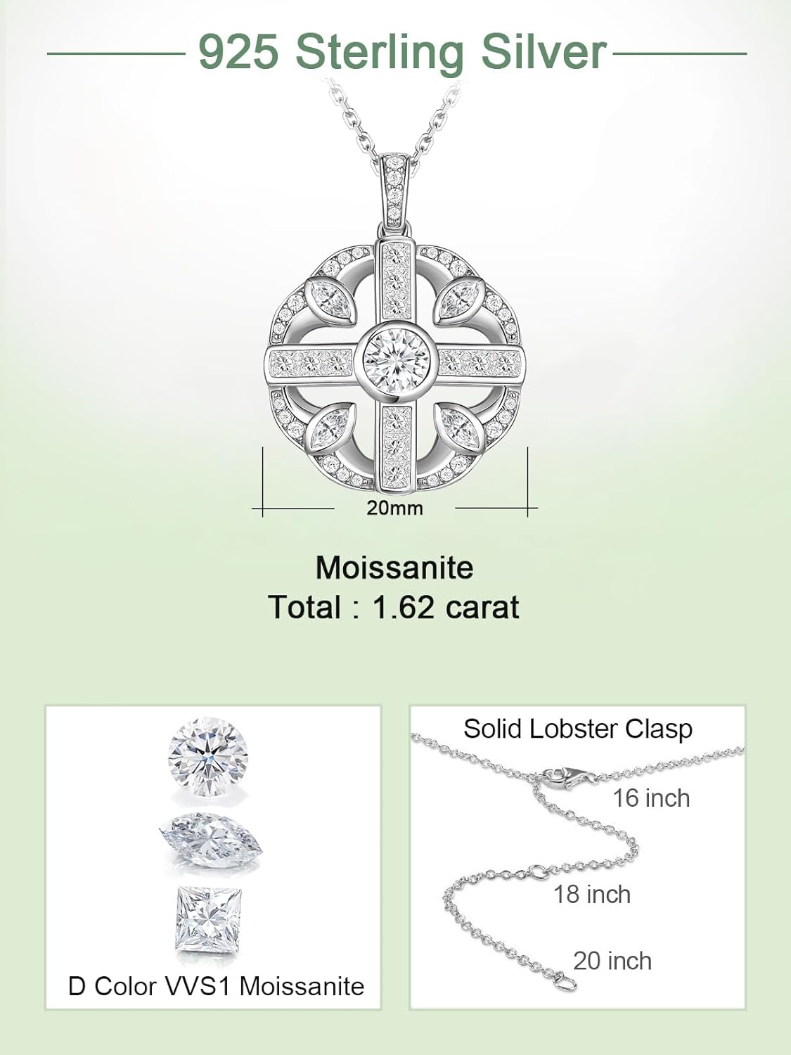FWM Moissanite Green Emerald Sparkly Pendant Necklace for Women, Ankh Cross/Flower/Round Cross/Square Vintage Design, Solid 925 Sterling Silver, Present to Wife Girlfriend Mom Daughter - Image 6