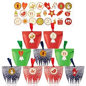 Lifelf 24 Stück Geschenkschachtel Weihnachten Papiertüten Säckchen Geschenktüten mit 1-24 Zahlen Aufkleber Adventskalender, Hochzeit