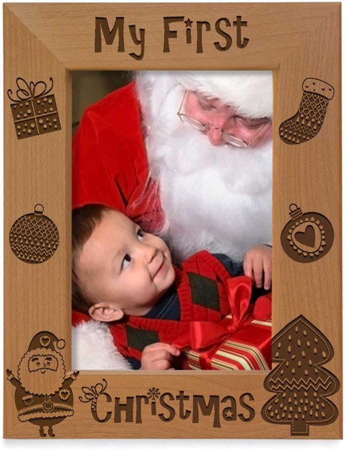 KATE POSH My 1st Christmas Picture Frame, My First, Baby's 1st Christmas, New Baby, Santa & Me Engraved Natural Wood Photo Frame (4x6-Vertical - Vintage)