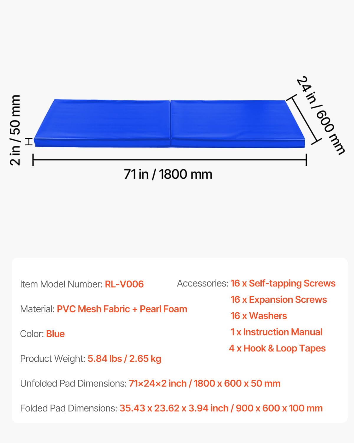 VEVOR Acolchado de Pared para Gimnasio, Resistente al Desgarro, Alta Densidad, para Pared de Cancha de Baloncesto, Duradera e Impermeable para Gimnasio, Garaje, Sótano, 1800 x 600 x 50 mm, Azul
