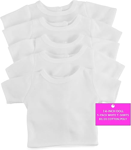 Emily Rose Ropa | Negocios de Estados Unidos | Muñeca de 14 pulgadas Paquete de 5 piezas de camisetas blancas brillantes lisas para hacer