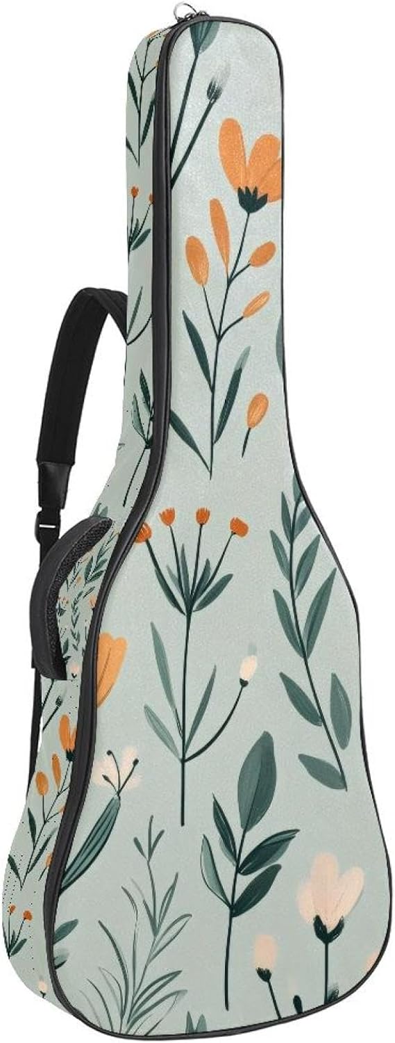 Acoustic Guitar Gig Bag 10mm Thick Padding, Soft Waterproof Guitar Case with Adjustable Backpack Straps for 40-42 Inch Guitar, Cute Flowers Leaves Herbs Plants Sage Green Pattern