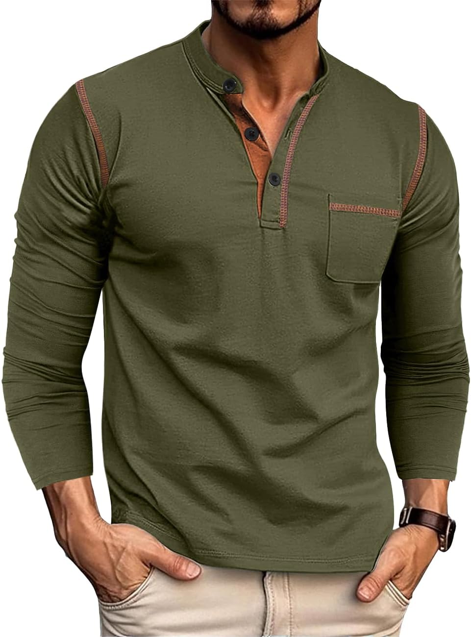QOSOQ Men's Henley Shirt Long Sleeve T-Shirt Casual Top Pullover Lightweight Top Shirts with Button