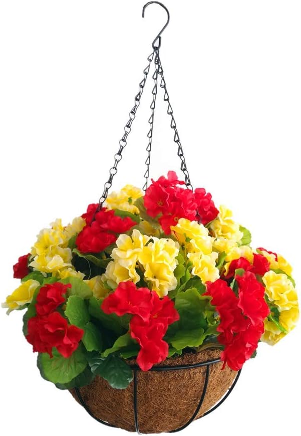 Chain Hanging Basket Flowerpot Artificial Begonia Flower Silk Flowers Red and Yellow (7.8 inch)