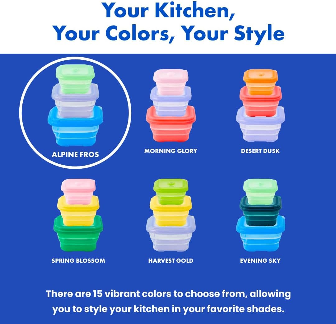 PushLock 3 Colors, 3 Pack, Collapsible Food Storage Container, Space-Saving, Platinum Silicone, Microwave&Freezer&Dishwasher Safe, for Cooking&Leftovers, BPA-Free (Alpine Fros)