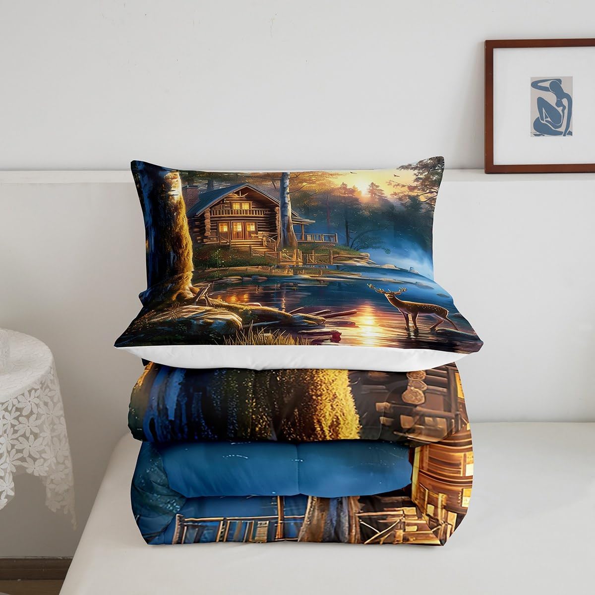 Homewish Hunting Lodge Comforter Set King Size,Wild Deer Animal Hunter Cabin Decor Bedding Set All Season Quilt Set,Lake Natural Scenery Pine Rustic Farmhouse Microfiber Polyester Down Comforter