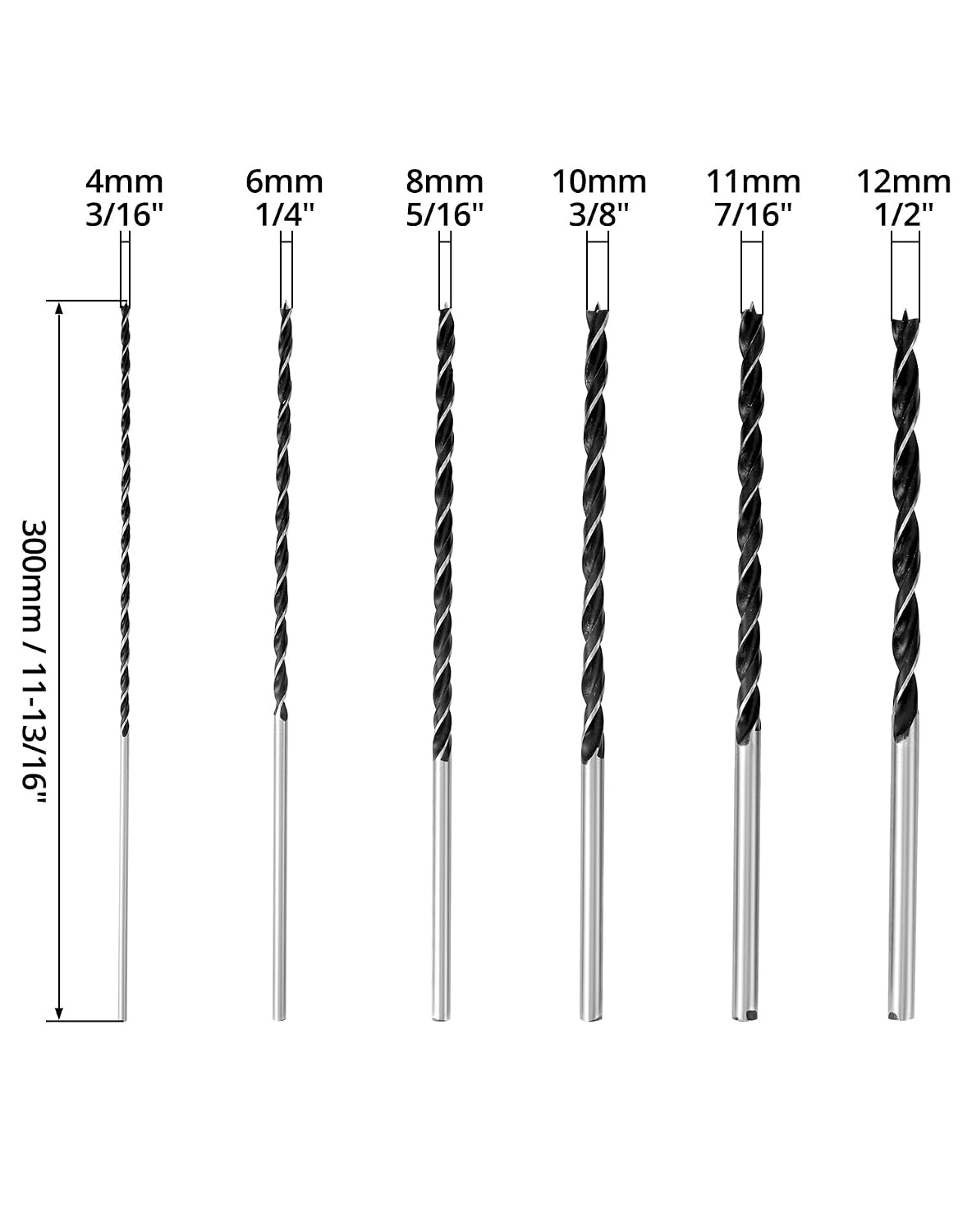 QWORK 12" Extra Long Brad Point Drill Bit Set, 12 Pcs High Carbon Steel, Brad-Point Design for Quick and Precise Drilling, Ideal for Wood, Plastic, PVC, Composite, Rubber