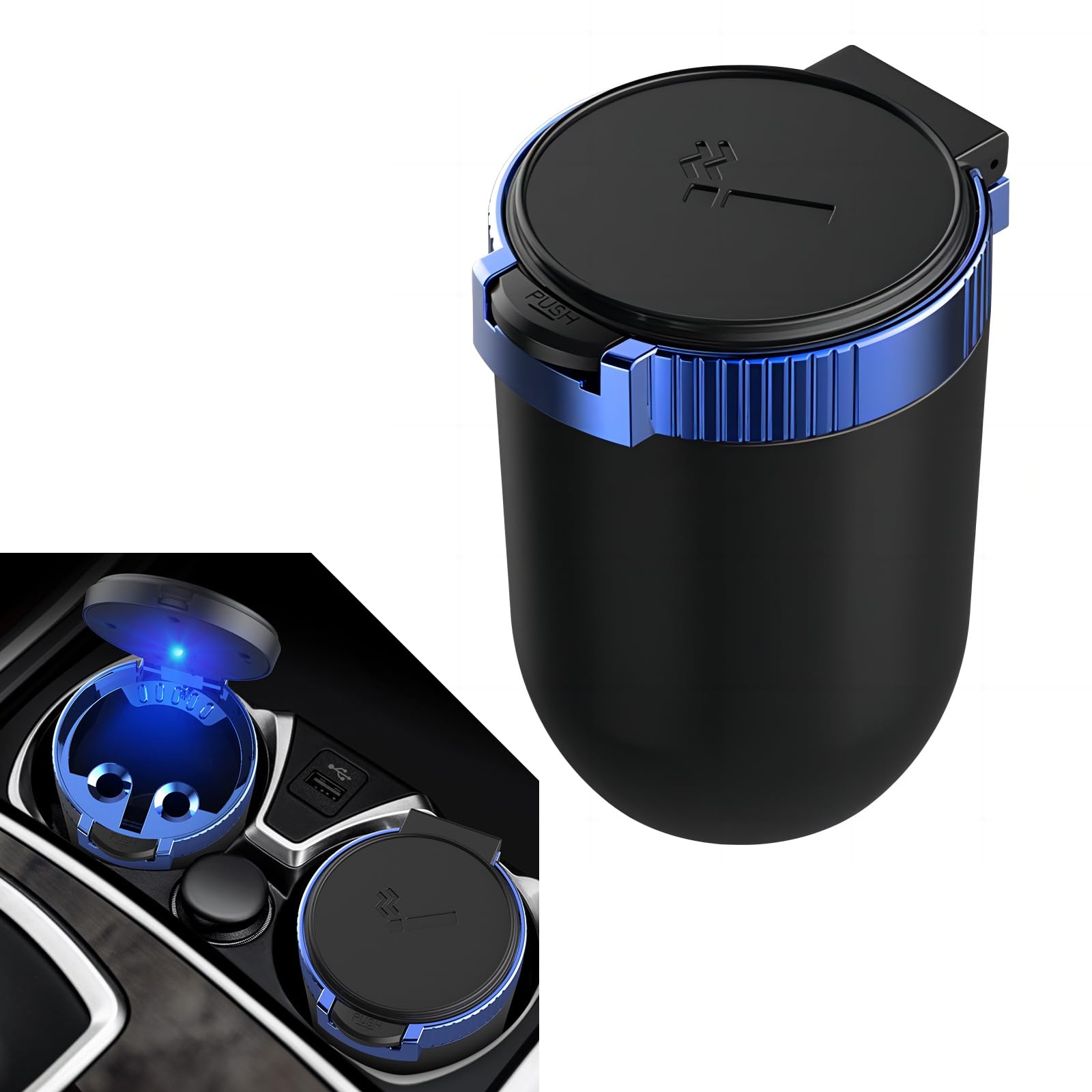 1 PC Car Ashtray, Multifunctional Portable Mini Detachable Trash Can with Lid to Isolate Odor, Metal Flame Retardant Liner, Universal for Cars Home Office (Blue & Black)