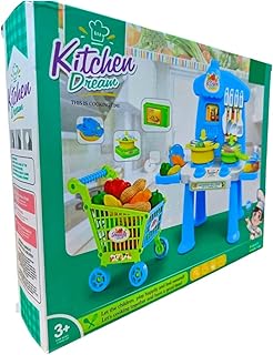 مجموعة ألعاب مطبخ صغير للأطفال باللون الأزرق والأطفال الصغار من ماكي استورمجموعة إكسسوارات المطبخ للعب التظاهري بمطبخ مع إكسسوارات طعام وطبخ للعب (مقاس صغير)