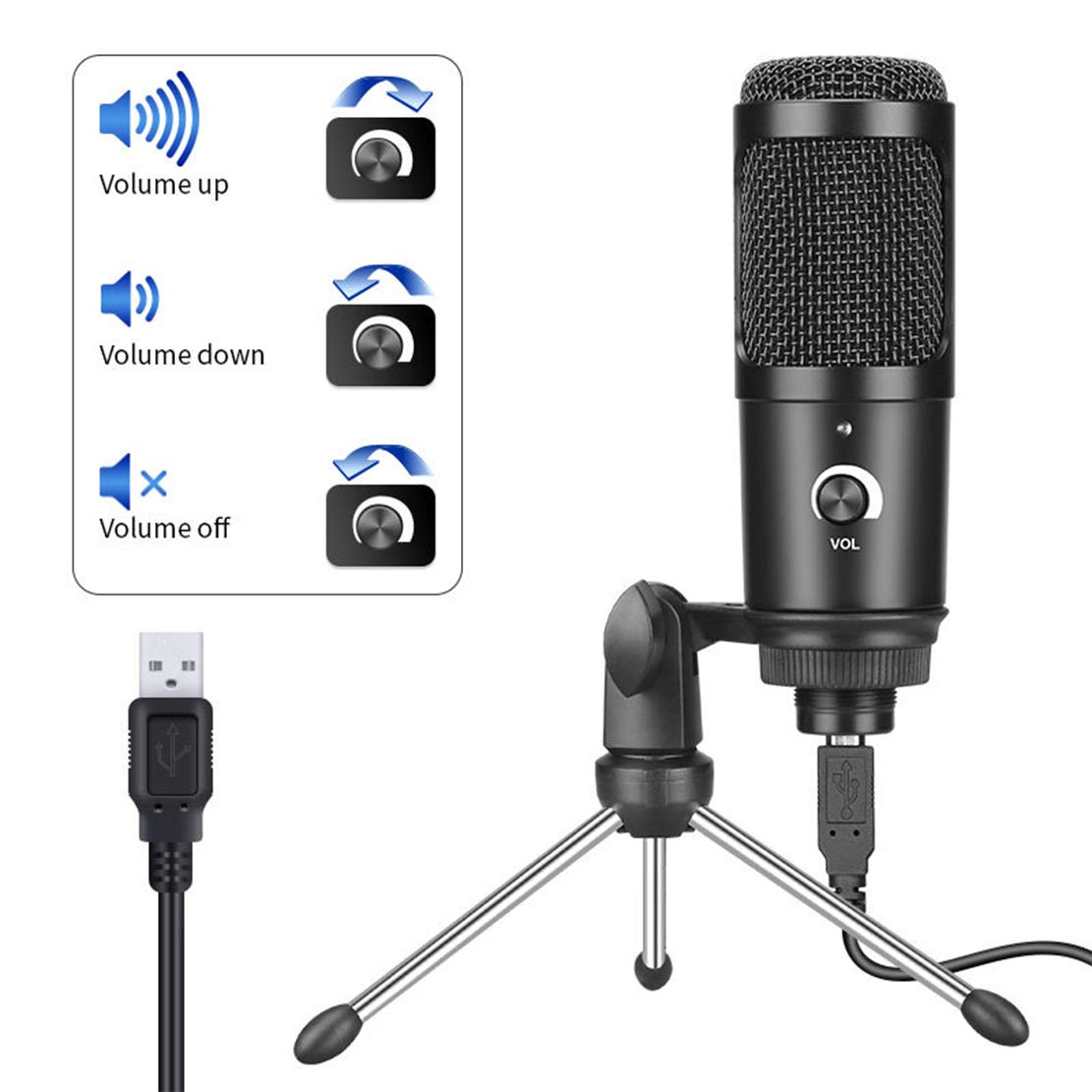 AKT USB Podcast mikrofon pojemnościowy, strumieniowy MIC, zestaw do nagrywania Pro Cardioid Mic Kit ze statywem do gier karaoke Skype Youtuber