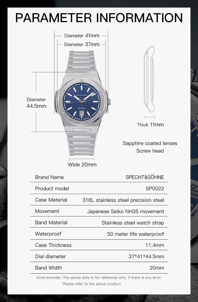 TACTO Specht & Söhne - Reloj deportivo de diseño único para hombre, Japón NH35 Movt, reloj de pulsera mecánico automático, color azul, cristal de zafiro resistente al agua hasta 50 m