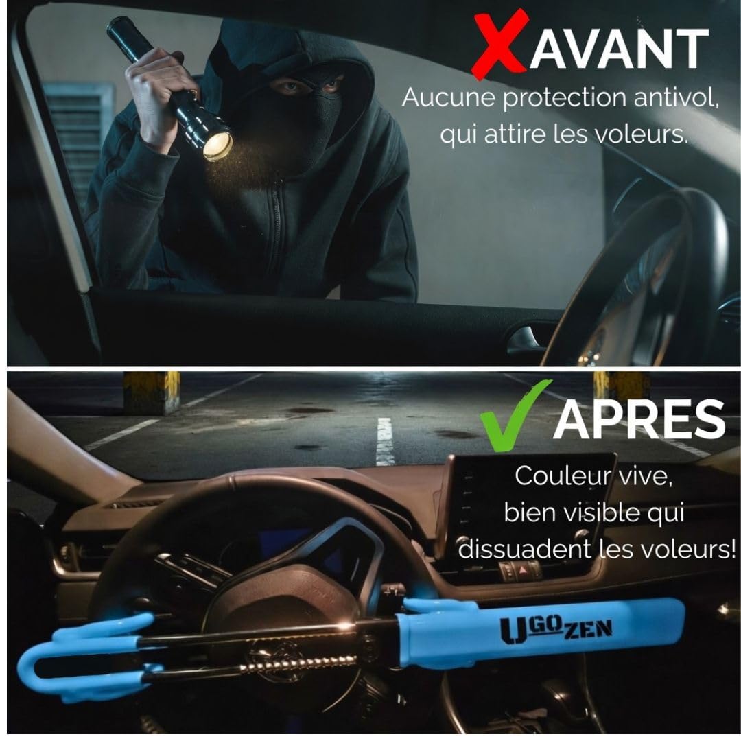 Ugozen Antivol Voiture Canne Haute Visibilité Bleu | Barre Bloque Volant Universel Dissuasif