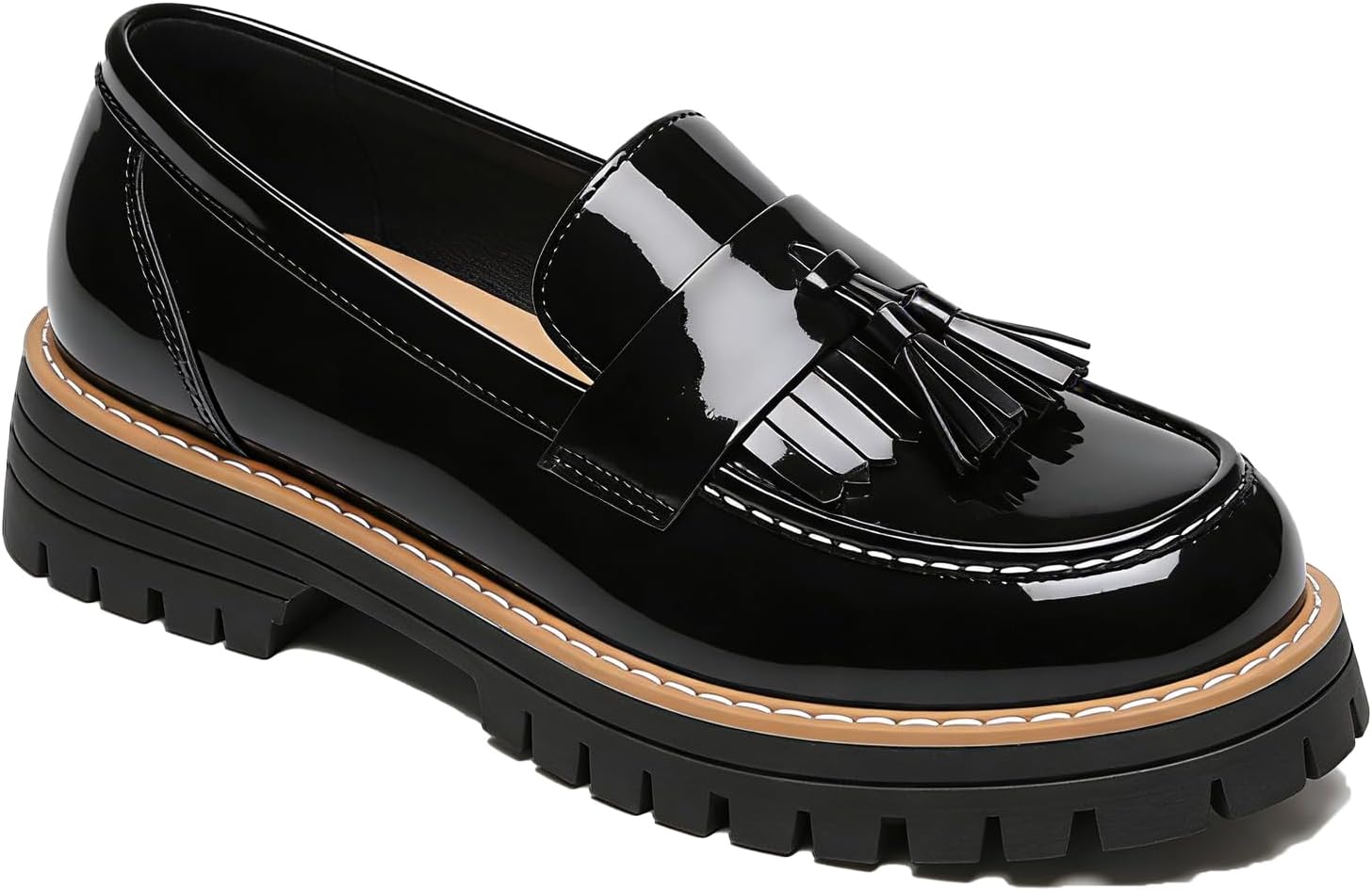 Women's Patent Leather Chunky Heel Penny Loafers Fashion Round Toe Slip-On Platform Office Casual Dress Shoes for Driving Business Work Shoes