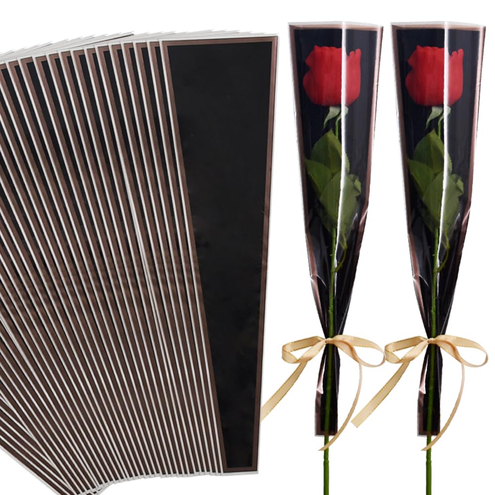 BEISHIDA 50 PCS Single Rose Sleeve Plastic Flower Wrapping Bags Cellophane Flower Sleeves for Florist Bouquet Supplies Mother's Day Valentine's Day (