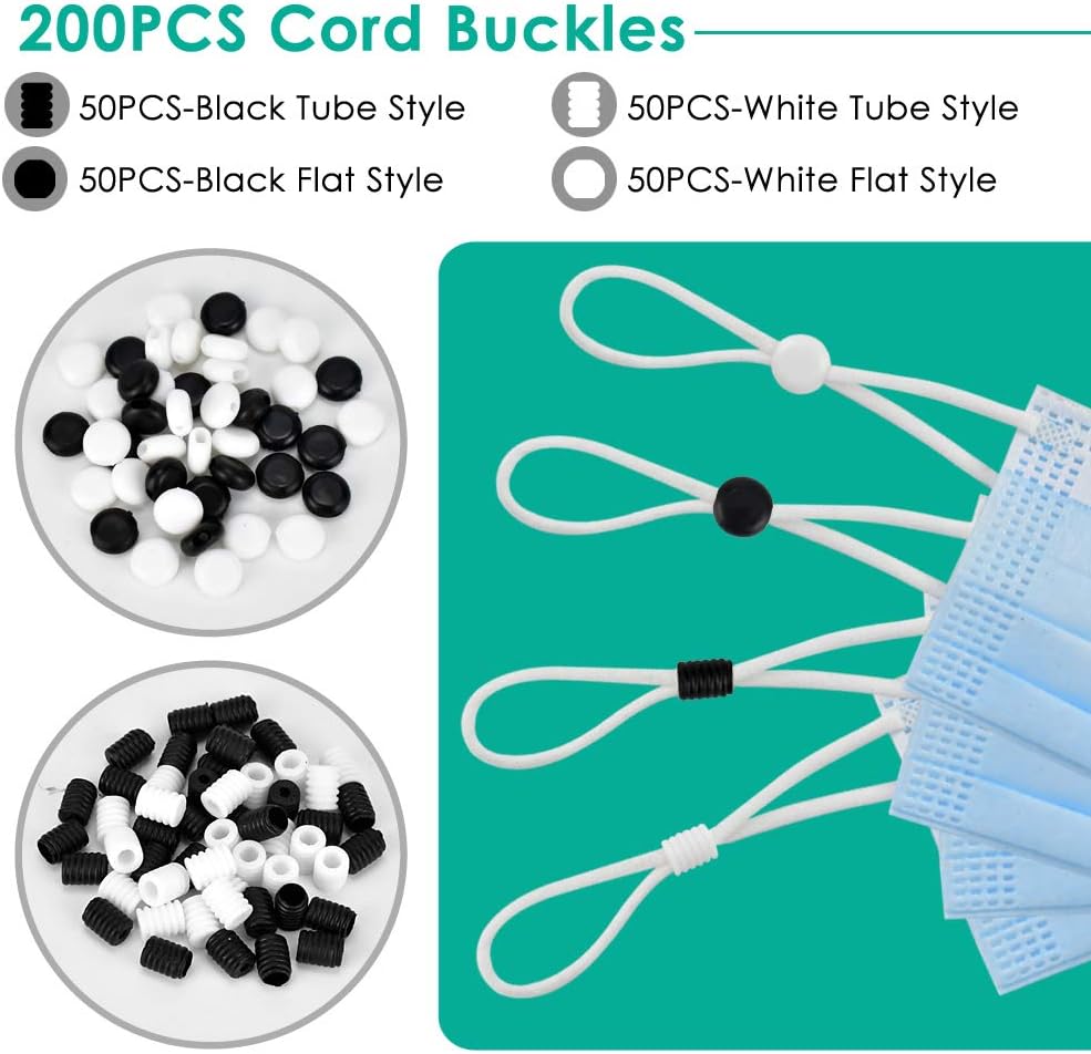 ERKOON 200PCS Cord Locks, Silicone Toggles Ends Fastener for Drawstrings Elastic Adjustable Lanyard Buckle Accessories Face Mask Drawstrings Adjuster Non Slip Stopper (Black, White)