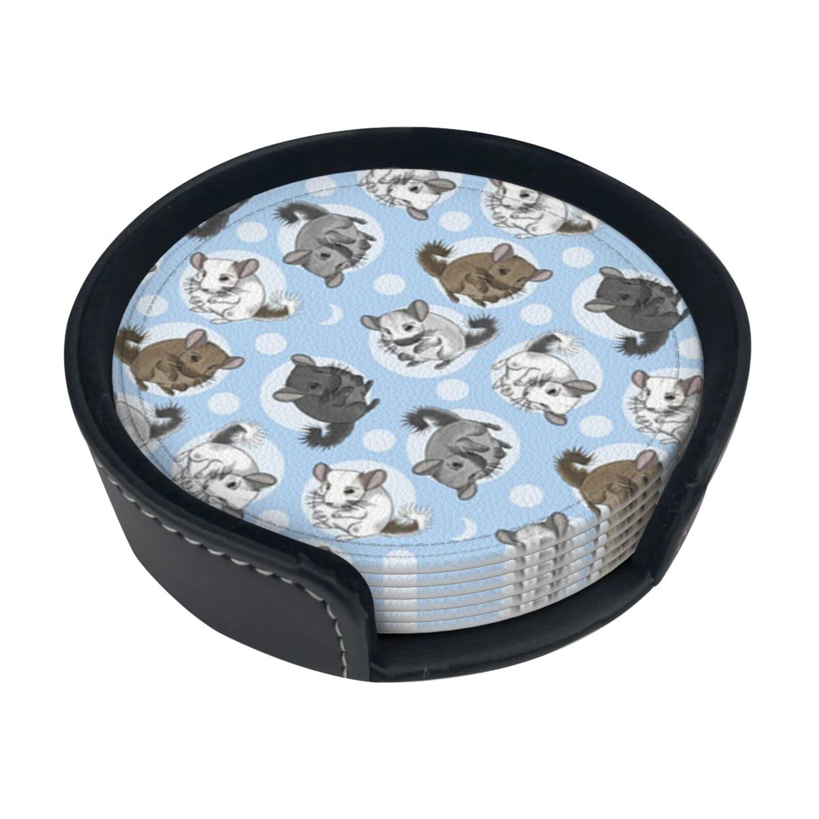 Blue Chinchillas And Moonprint Leather Coasters Set Of 6 Round Cups Mugs Mat For Tabletop Protection
