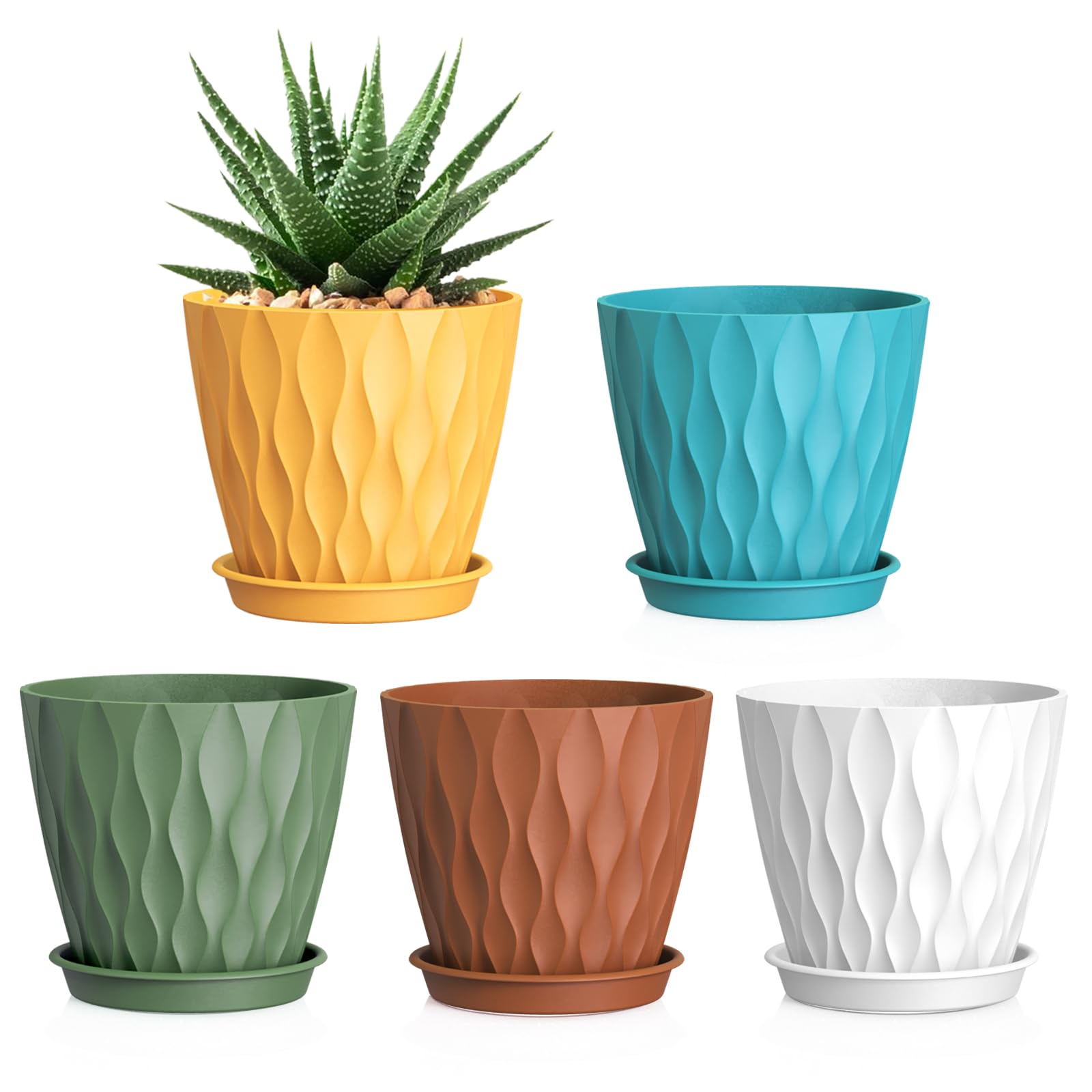 12.7 cm Indoor Plant Pot, 5 Pack Thick Plastic Flower Pots with Drainage Holes & Saucers, 3D Modern Wave Texture, Decorative Nursery Pots for Succulent, Cactus, Mint & Small House Plants, Black — view 20