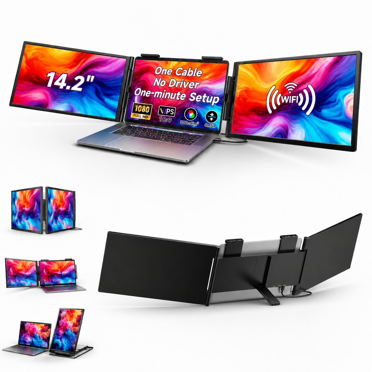 One Cable No Driver Laptop Screen Extender,14" FHD 1080P IPS Portable Monitor,1-Min Setup USB-C Plug and Play, Ultra-Slim Triple Screen for 12-15.6" Laptops Windows/MacOS/Android 14.1