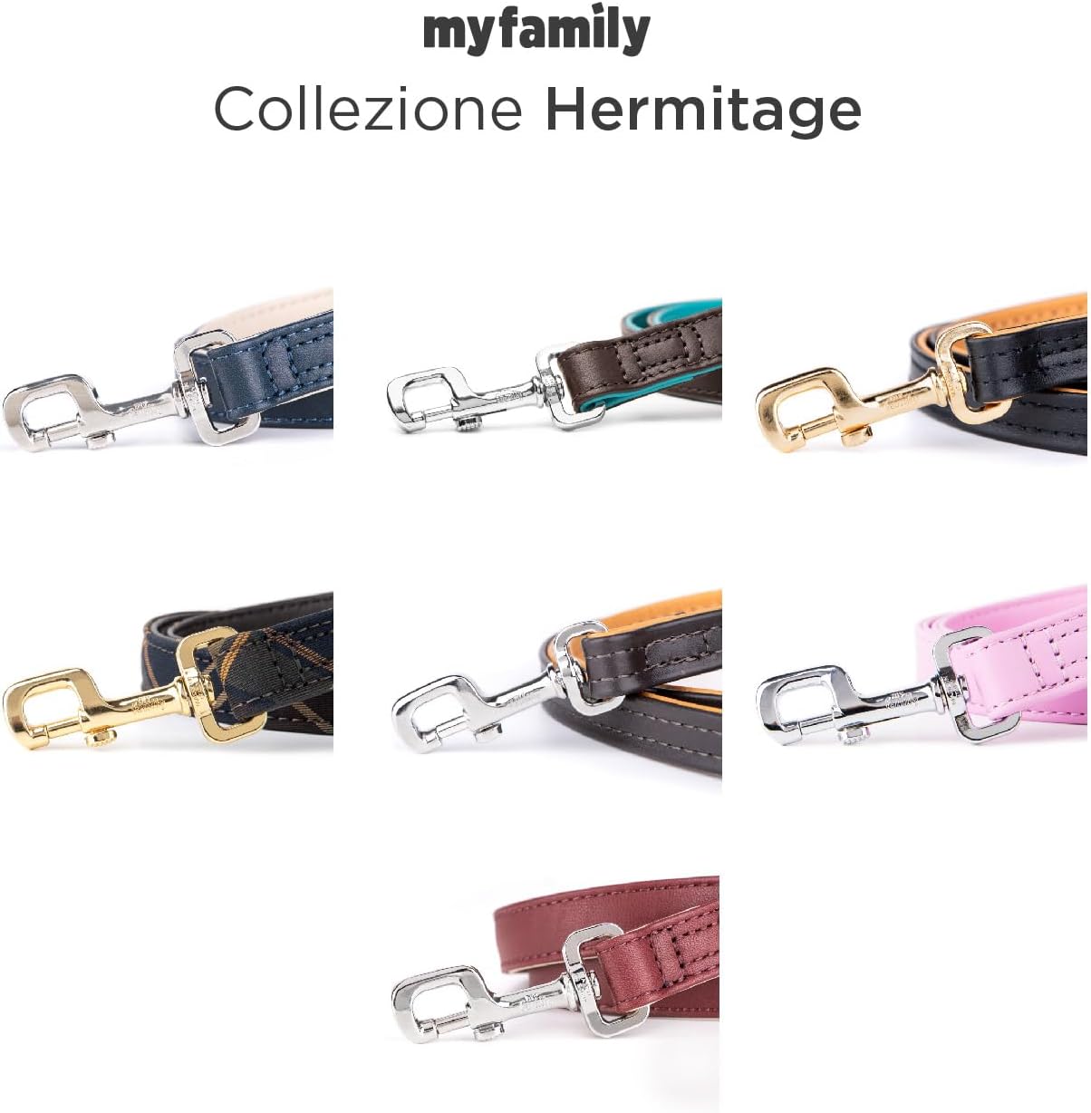 MyFamily Genuine Italian Made Leather Dog Leash, White Bronze or 24K Gold Plated Metallic Finishes, Practical and Comfortable, Handmade, Hermitage Collection