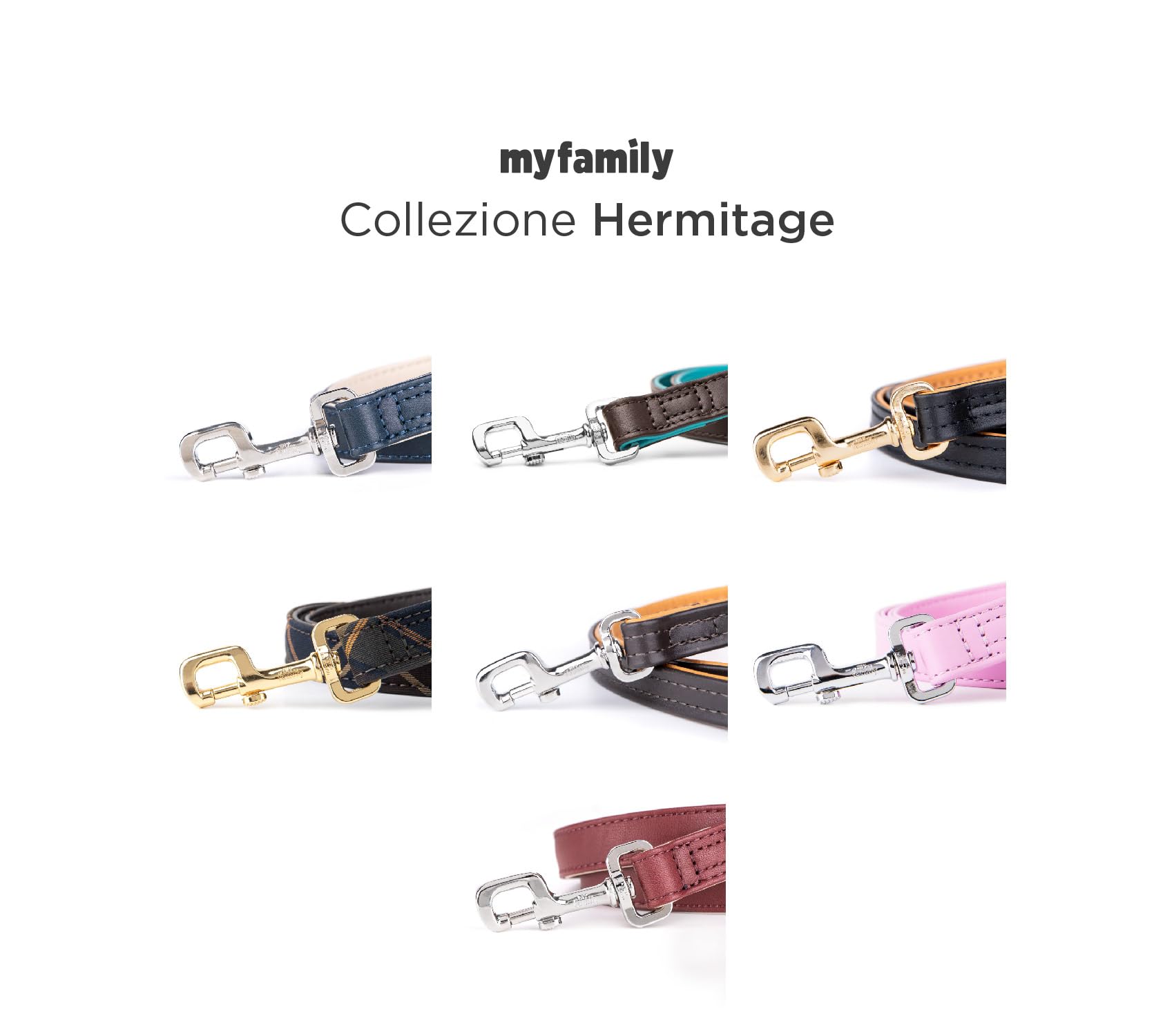 MyFamily Guinzaglio per Cane in Vera Pelle Italiana Made in Italy, Finiture Metalliche in Bronzo Bianco o Placcate Oro 24K, Pratico e Confortevole, Collezione Hermitage
