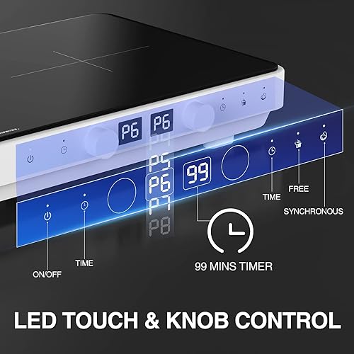 Miniatura 4 de Placa de inducción con 2 quemadores con sartén extraíble de hierro fundido antiadherente, sensor táctil de 1800 W, 9 niveles de potencia,