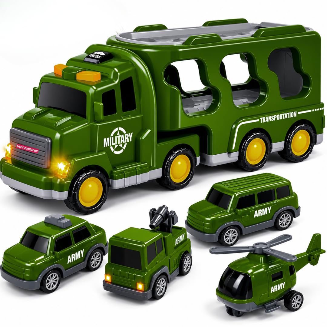 MiniExplorer 5-in-1 Friction-Powered Military Truck Toy Set with Music | Army Transport Carrier Vehicle for Boys & Girls | Educational Montessori Toy | Birthday Gift for Kids Ages 3+