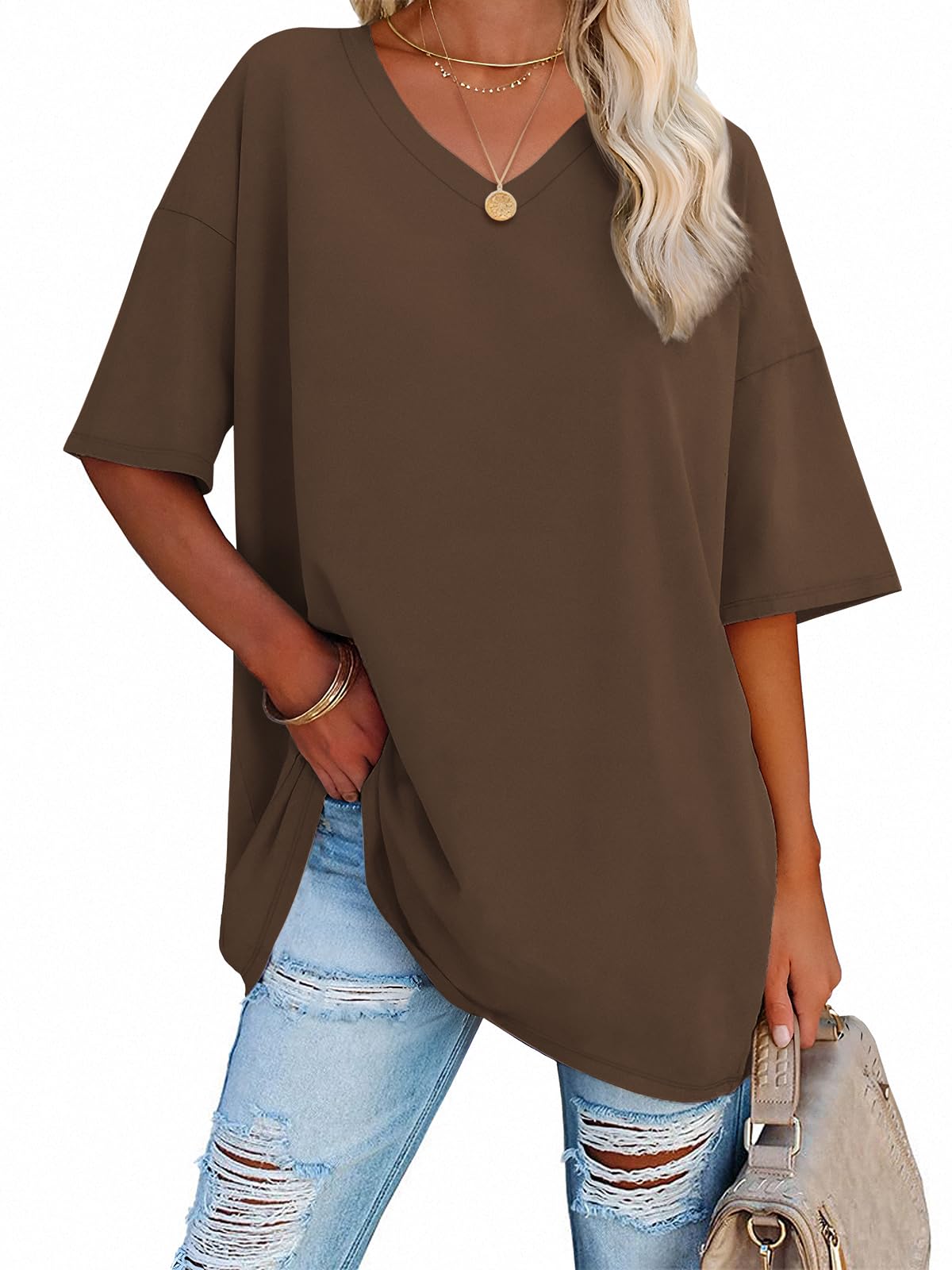ATHMILE Womens Oversized Shirts V Neck Plus Size Spring Workout Summer Tops Beach Vacation 2026 Gym Clothes Basic Tee
