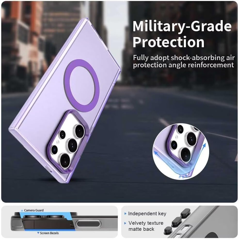 Image of Elzzi Magnetic Case for Samsung Galaxy S25 Ultra 5G Cover [Compatible with MagSafe] Slim Fit Shockproof Translucent Matte Hard Back Phone Cover with Protective Bumper for Men & Women (Purple)