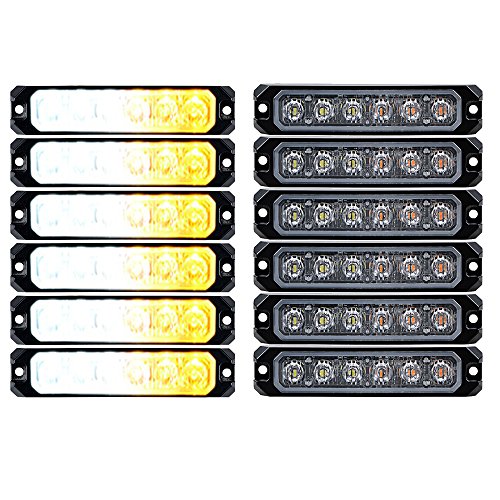 Astra Depot 12pcs AMBER&WHITE 30W 6-LED IP68 Emergency Warning Hazard Surface Mount Synchronous Flashing Strobe Light Car Truck 12V-24V