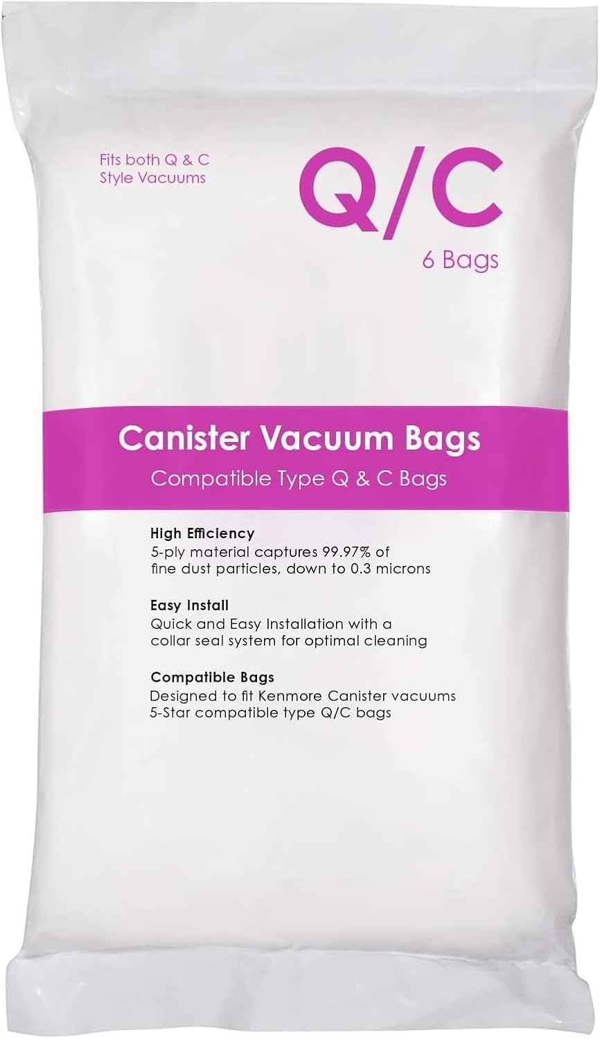 6 Pack Type Q/C HEPA Replacement Vacuum Bags Compatible with 5055 50557 50558 53291 Parts