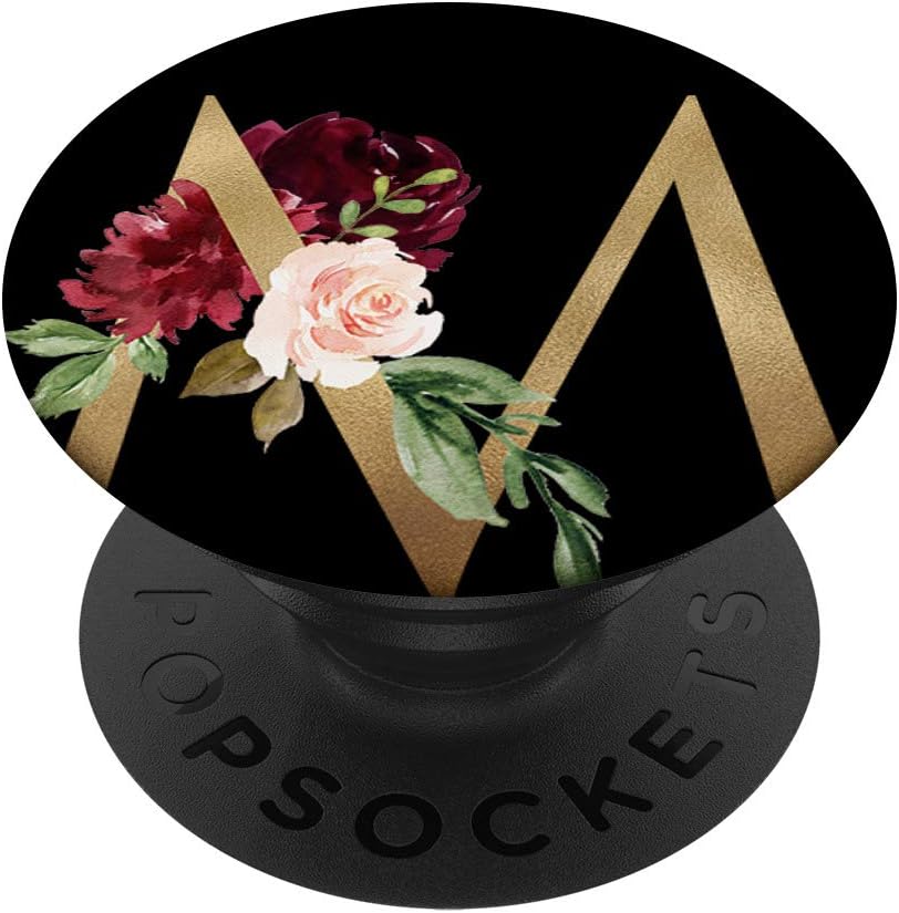 Initial M Monogram Letter M Black and Burgundy Floral PopSockets PopGrip: Swappable Grip for Phones & Tablets