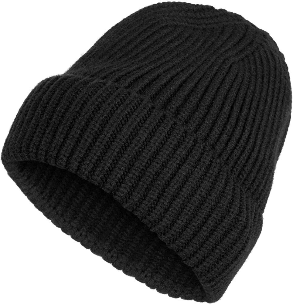 styleBREAKER Unisex Fine Knit Beanie Hat with Brim, Warm Winter Knitted Cap, Solid Color, Ribbed Knit Pattern 04024154, Colour:Black