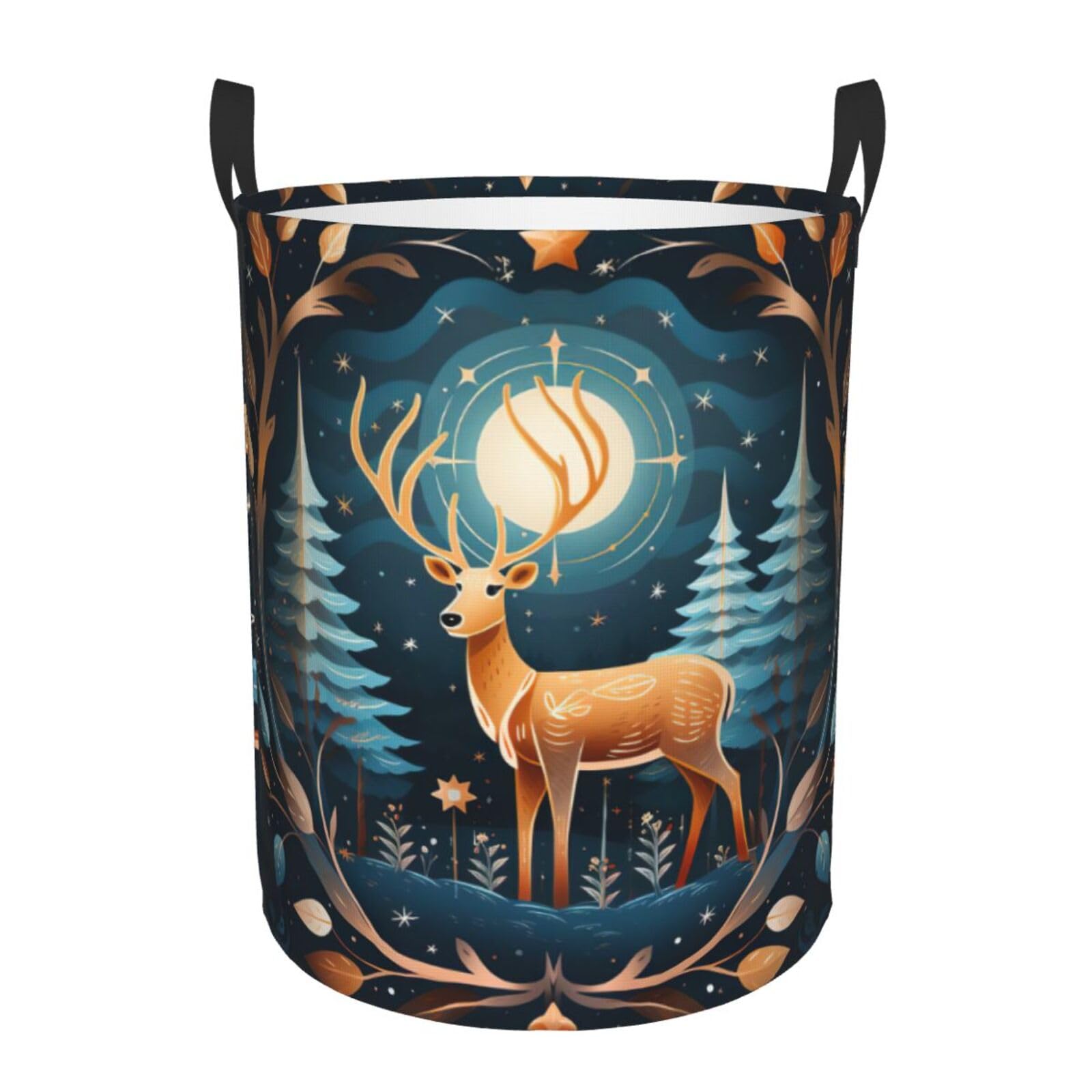 M Collapsible Laundry Hamper Round Xmas Gift Deer Print Storage