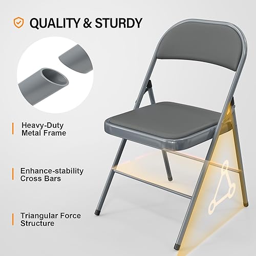 Miniatura 41 de VINGLI Paquete de 6 sillas plegables con asientos acolchados, marco de metal con asiento y respaldo de piel sintética, capacidad de 350 libras, Negro