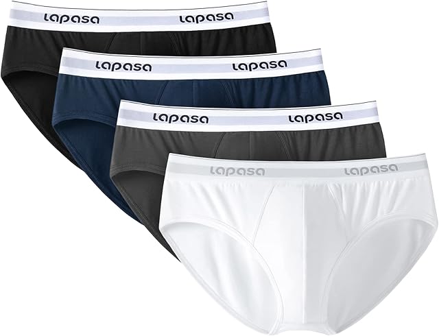 LAPASA Men's Briefs 4 Pack Cotton Underwear Stretch Ergonomic Bulge Pouch Underpants No Fly M04, XXL, Black, White, Dark Grey, Navy Blue