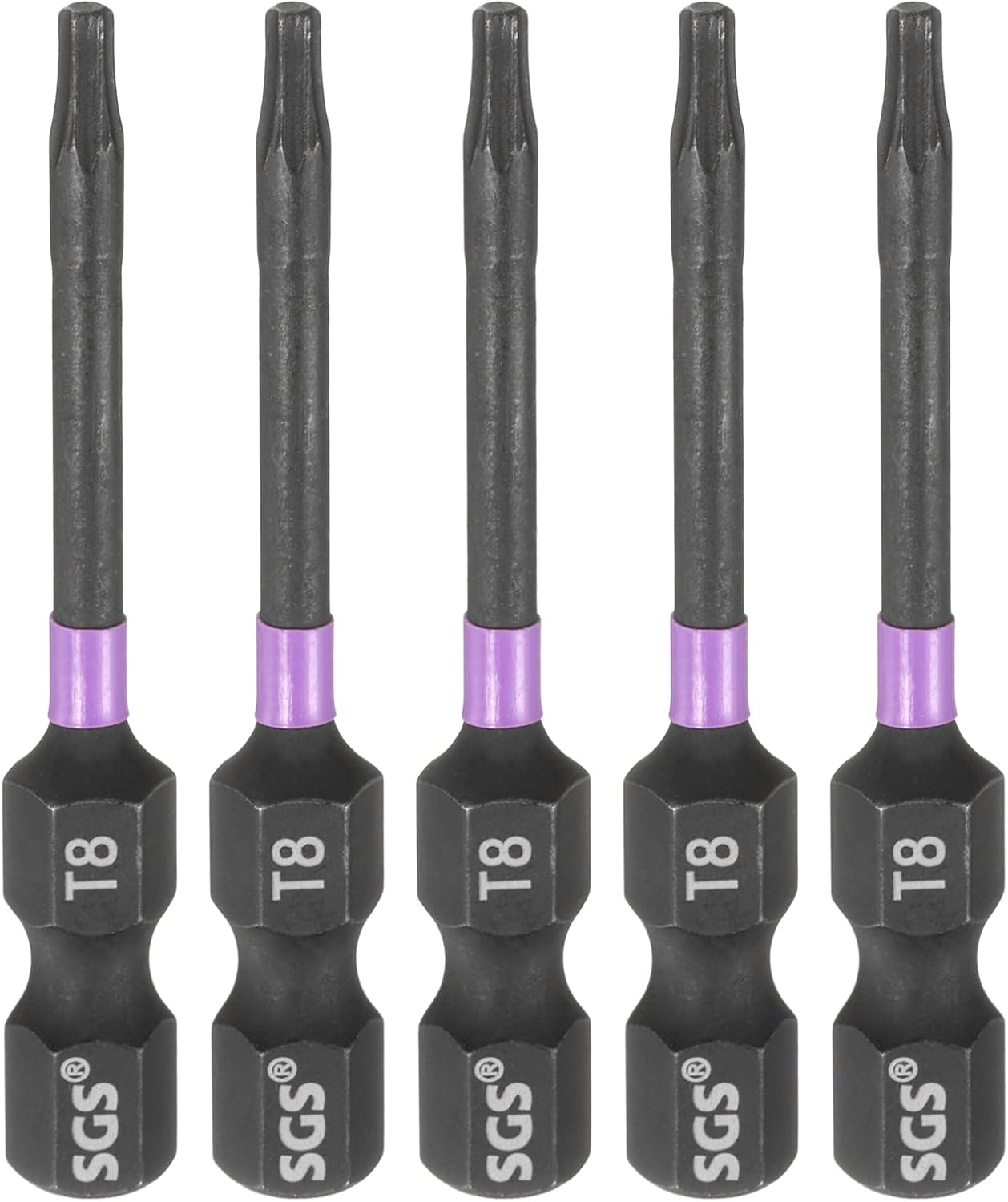 HARFINGTON 5pcs T8 Torx Head Impact Screwdriver Bits 1/4" Hex Shank 2" (50mm) Long Magnetic No Hole Tamper Proof 6 Point Star Screw Driver Drill Bits Phosphate S2 Steel Power Tools