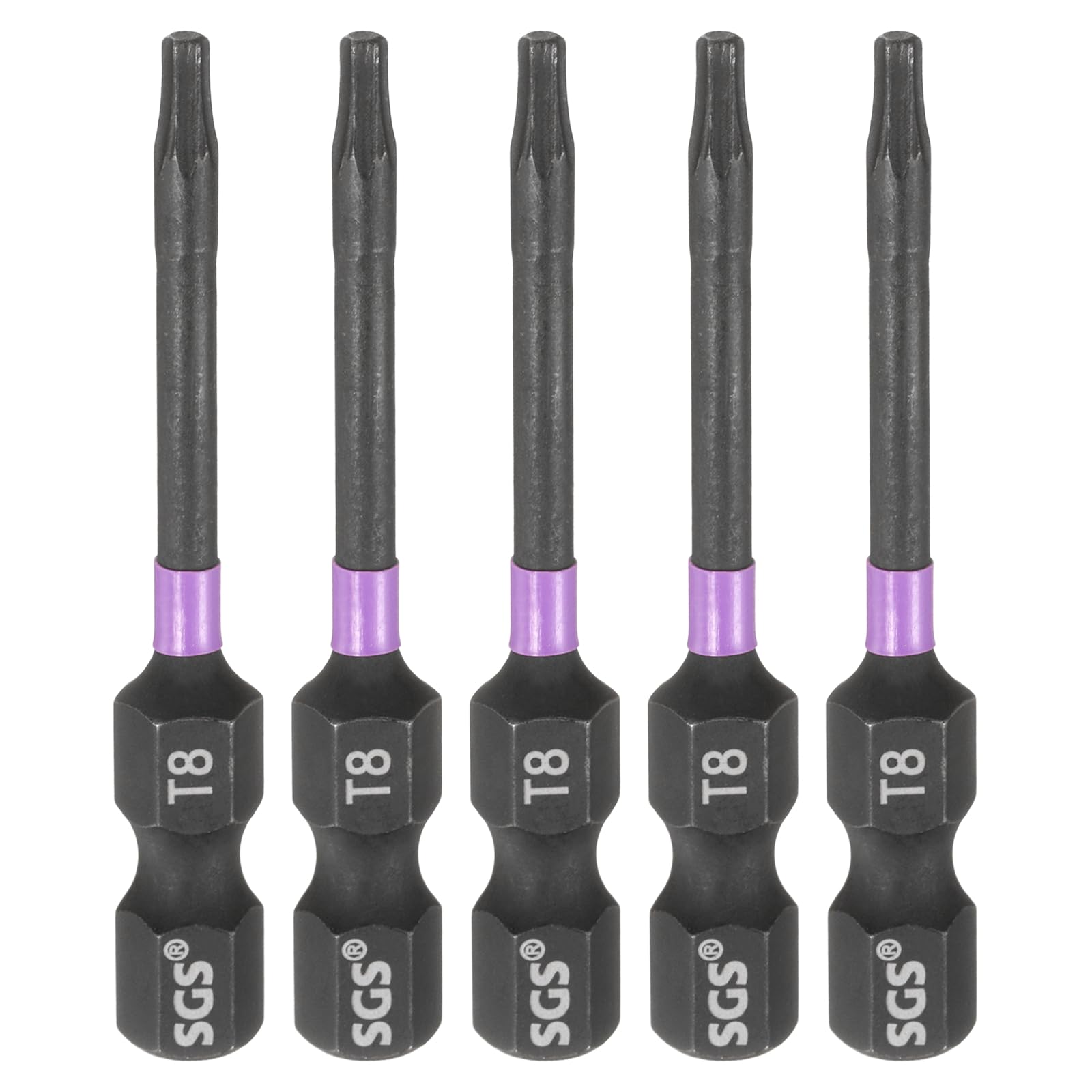 sourcing map 5pcs T8 Torx Head Impact Screwdriver Bits 1/4" Hex Shank 2" (50mm) Long Magnetic No Hole Tamper Proof 6 Point Star Screw Driver Drill Bits Phosphate S2 Steel Power Tools