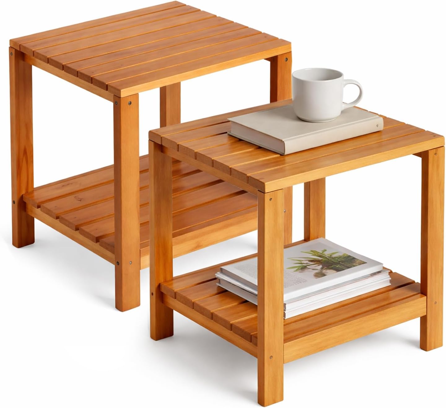 Outdoor Side Tables for Patio Set of 2, Small End Table Living Room Accent Coffee Table 2-Tier Storage Solid Wood Table for Porch, Pool, Balcony & Backyard Weather-Resistant Outside Adirondack Table