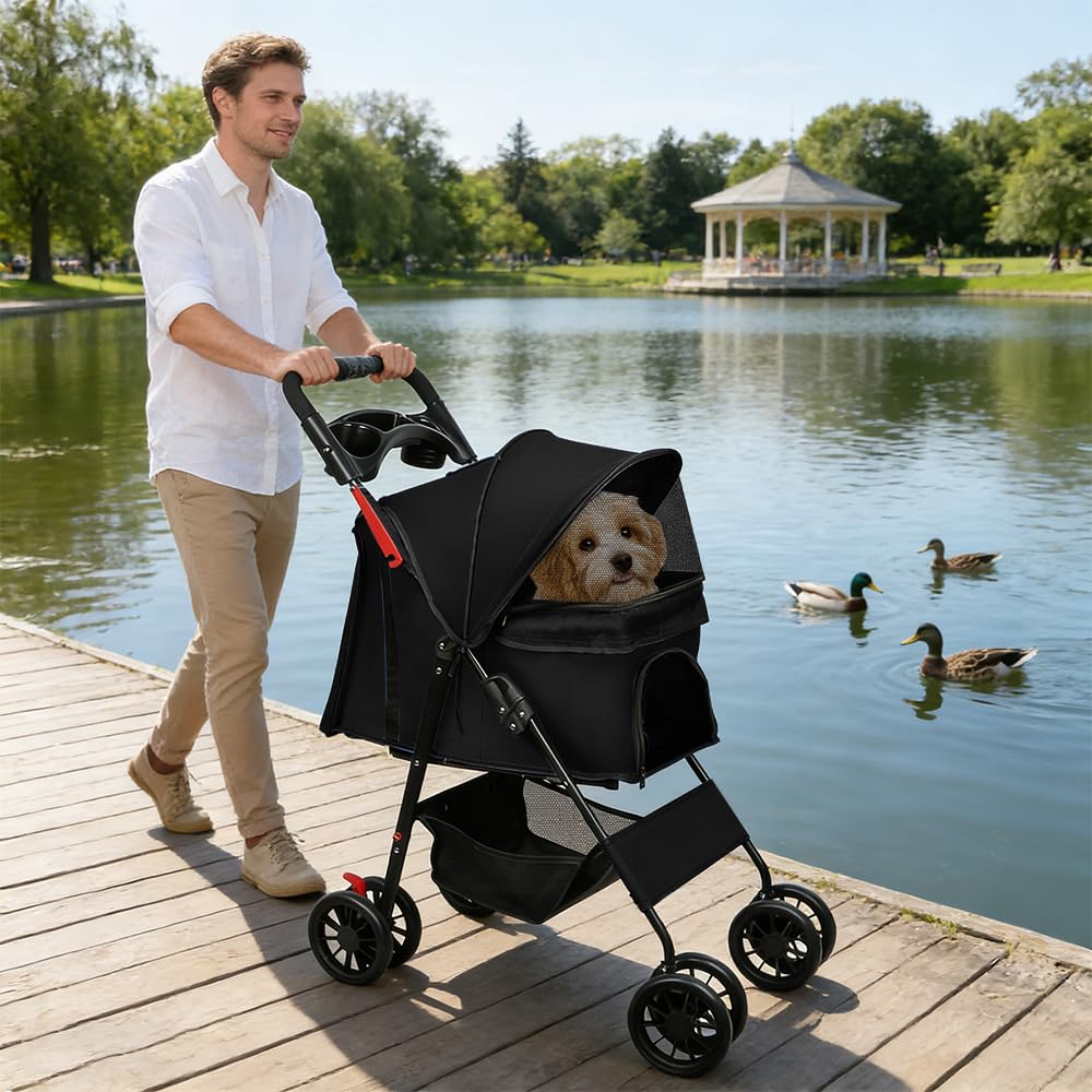 OHMG 3 en 1 Poussette buggy pliable animaux chariot pliante chien chat porte-gobelet panier de rangement inclus roues avec frein tissu 600D Oxford acier,Jusqu'à 40 kg,98 * 67 * 46cm-Noir