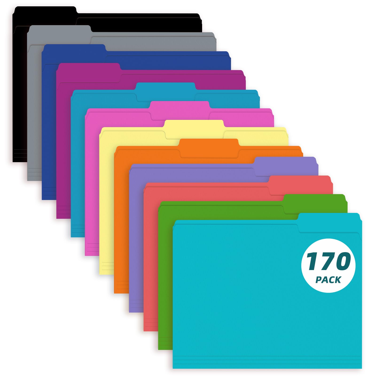 File Folder, PANDRI 170 Pack Colored File Folder, 1/3 Cut Tab, Letter Size, Assorted 12 Colors Filing Folder for Office School Business