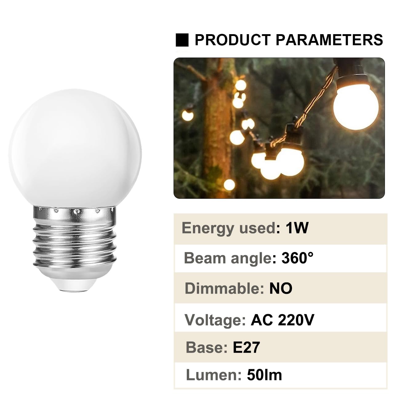 40 lampadine a LED E27, luce bianca calda, 1 W, G45, piccole lampadine, 1 W, sostituisce lampadine da 5 Watt, 2700 K, per luci impermeabili, per feste e vacanze